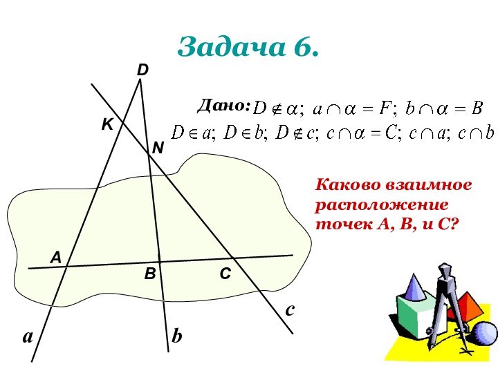 Задача 6.Каково взаимноерасположениеточек А, В, и С?Дано:АВDСNKаbc