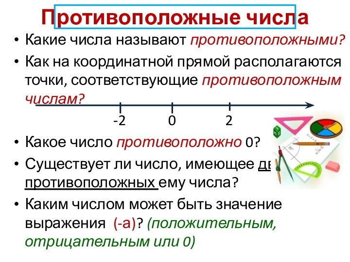 Противоположные числаКакие числа называют противоположными?Как на координатной прямой располагаются точки, соответствующие противоположным