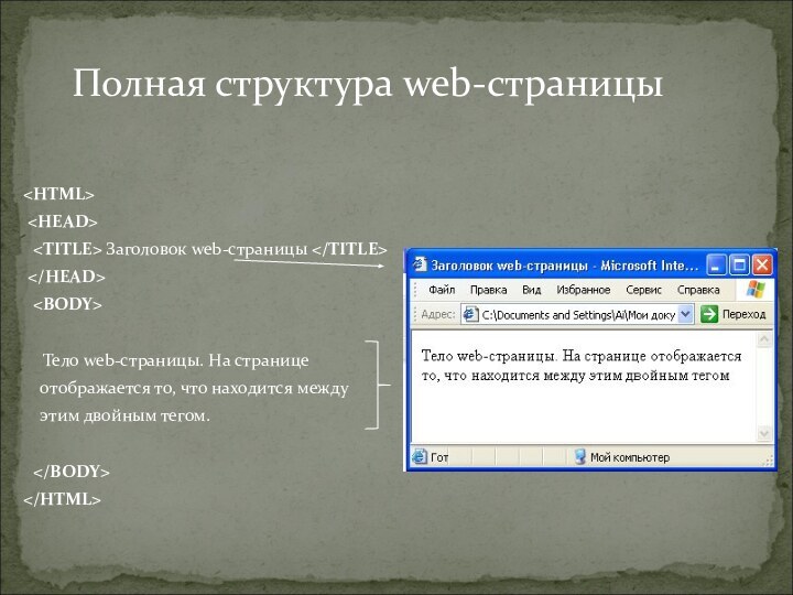 Заголовок web-страницы    Тело web-страницы. На странице