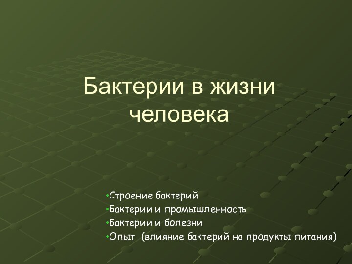 Бактерии в жизни человекаСтроение бактерийБактерии и промышленностьБактерии и болезниОпыт (влияние бактерий на продукты питания)