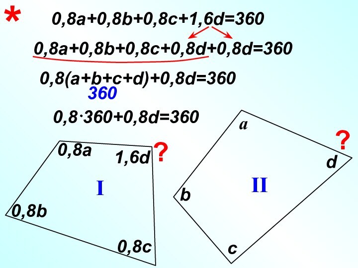 *bIIIа0,8а0,8bc0,8cd1,6d0,8а+0,8b+0,8c+1,6d=3600,8а+0,8b+0,8c+0,8d+0,8d=3600,8(а+b+c+d)+0,8d=360??360