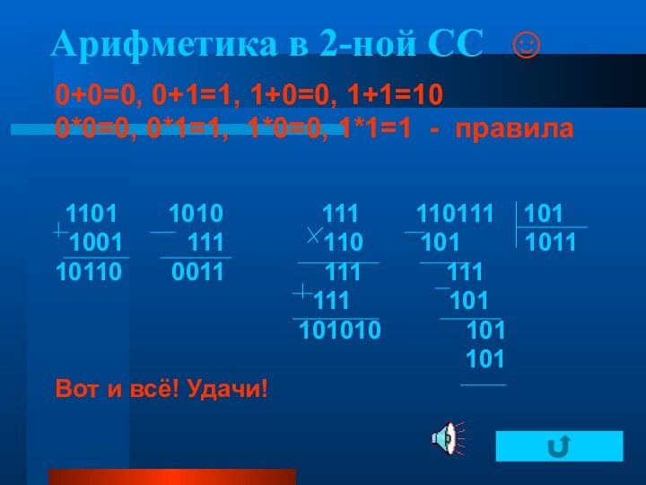 Арифметика в 2-ной СС ☺0+0=0, 0+1=1, 1+0=0, 1+1=10