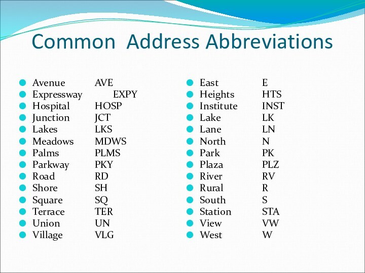 Common Address AbbreviationsAvenue		AVEExpressway		EXPYHospital		HOSPJunction		JCTLakes			LKSMeadows		MDWSPalms		PLMSParkway		PKYRoad			RDShore			SHSquare		SQTerrace		TERUnion		UNVillage		VLGEast			EHeights		HTSInstitute		INSTLake			LKLane			LNNorth		NPark			PKPlaza			PLZRiver			RVRural			RSouth		SStation		STAView			VWWest			W