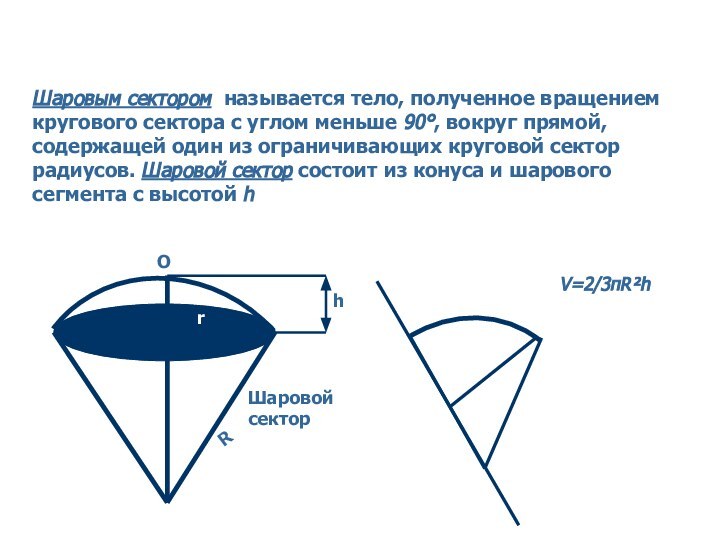 hRrOШаровой секторV=2/3πR²hШаровым сектором называется тело, полученное вращением кругового сектора с углом меньше