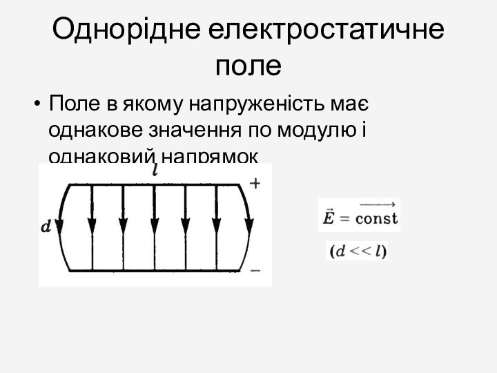 Однорідне електростатичне полеПоле в якому напруженість має однакове значення по модулю і однаковий напрямок