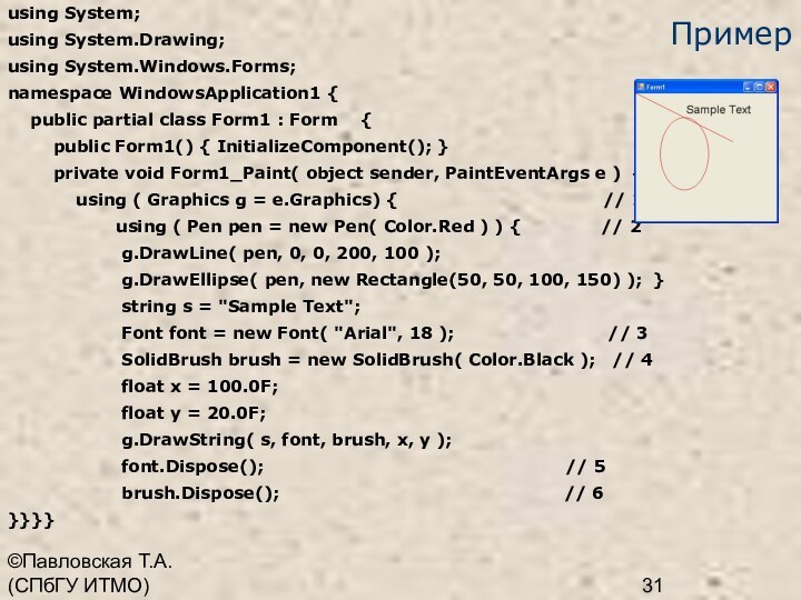 ©Павловская Т.А. (СПбГУ ИТМО)Примерusing System;using System.Drawing;using System.Windows.Forms;namespace WindowsApplication1 {  public partial