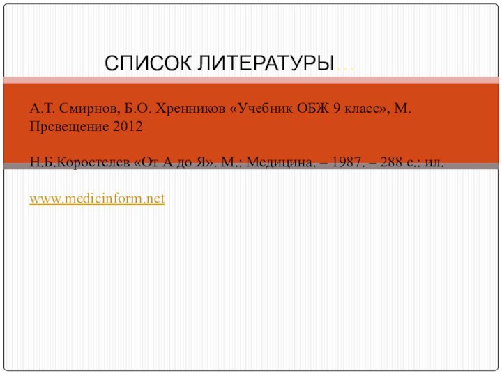 СПИСОК ЛИТЕРАТУРЫ…А.Т. Смирнов, Б.О. Хренников «Учебник ОБЖ 9 класс», М. Прсвещение 2012Н.Б.Коростелев