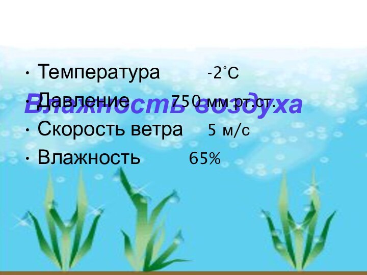 Влажность воздухаТемпература 		-2°СДавление			750 мм рт.ст.Скорость ветра		5 м/сВлажность			65%