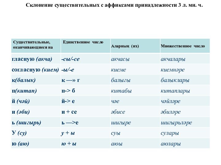 Склонение существительных с аффиксами принадлежности 3 л. мн. ч.