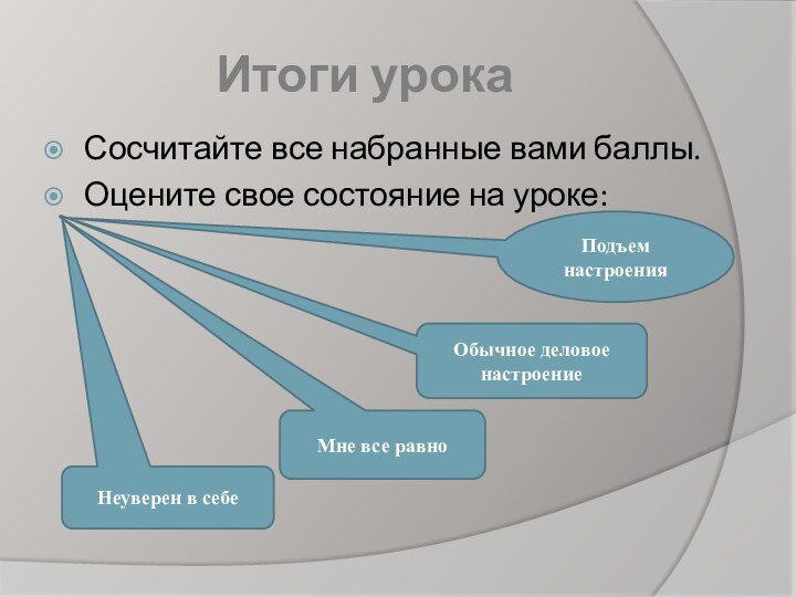 Итоги урокаСосчитайте все набранные вами баллы.Оцените свое состояние на уроке:Подъем настроения Обычное