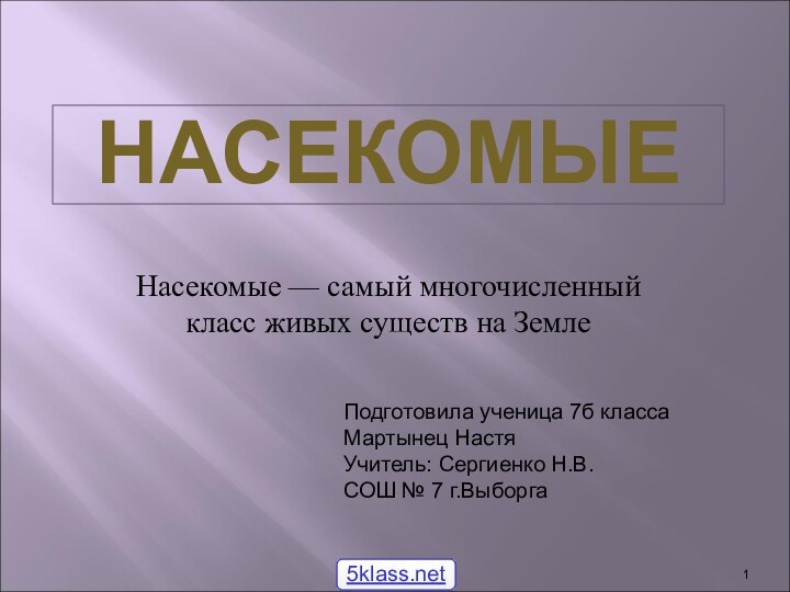 НАСЕКОМЫЕНасекомые — самый многочисленный класс живых существ на ЗемлеПодготовила ученица 7б классаМартынец НастяУчитель: