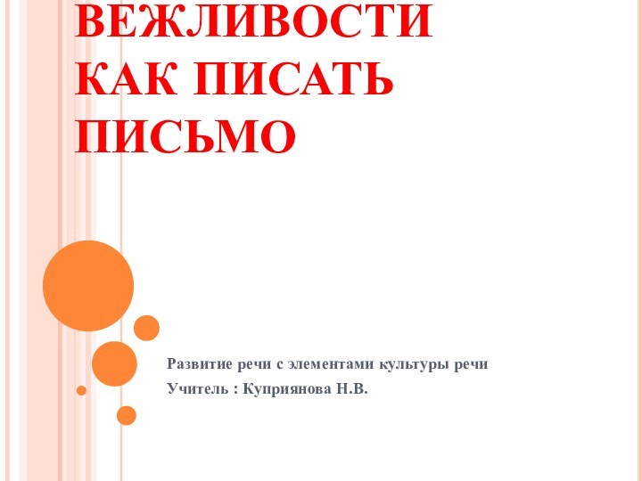 АЗБУКА ВЕЖЛИВОСТИ КАК ПИСАТЬ ПИСЬМОРазвитие речи с элементами культуры речиУчитель : Куприянова Н.В.