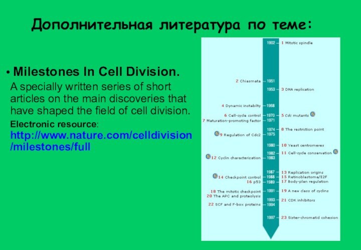 Дополнительная литература по теме: Milestones In Cell Division.A specially written series of