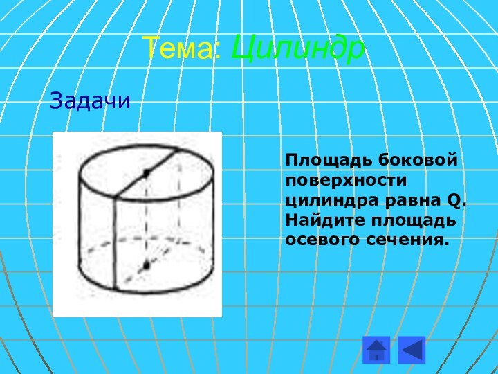 Тема: ЦилиндрПлощадь боковой поверхности цилиндра равна Q. Найдите площадь осевого сечения.   Задачи