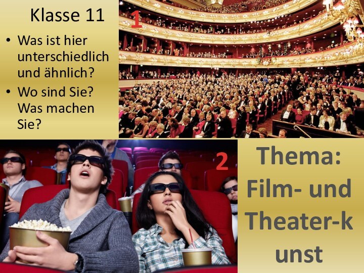 Klasse 11Was ist hier unterschiedlich und ähnlich?Wo sind Sie? Was machen Sie?Thema: Film- und Theater-kunst12