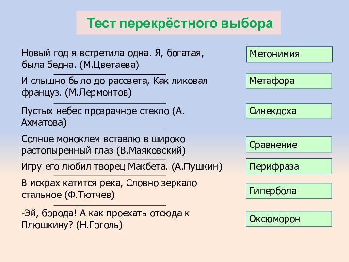 Тест перекрёстного выбораНовый год я встретила одна. Я, богатая, была бедна.