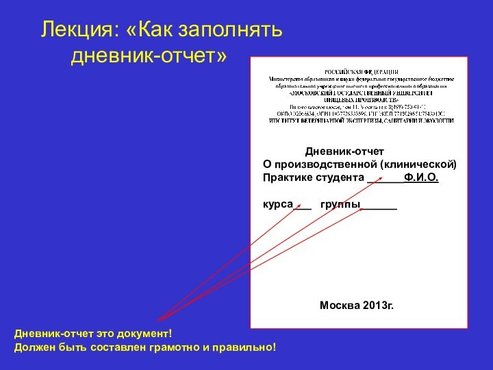 Лекция: «Как заполнять   дневник-отчет»Дневник-отчет это документ!Должен быть составлен грамотно и