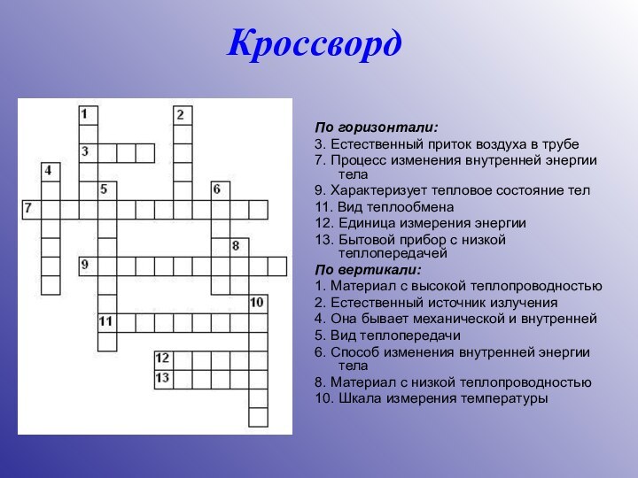 КроссвордПо горизонтали:3. Естественный приток воздуха в трубе7. Процесс изменения внутренней энергии тела9.