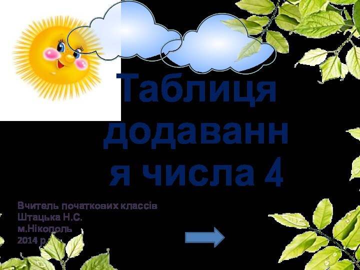 Таблиця  додавання числа 4Вчитель початкових классівШтацька Н.С.м.Нікополь2014 р.