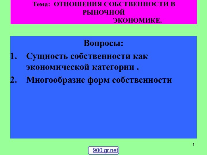 Тема: ОТНОШЕНИЯ СОБСТВЕННОСТИ В РЫНОЧНОЙ