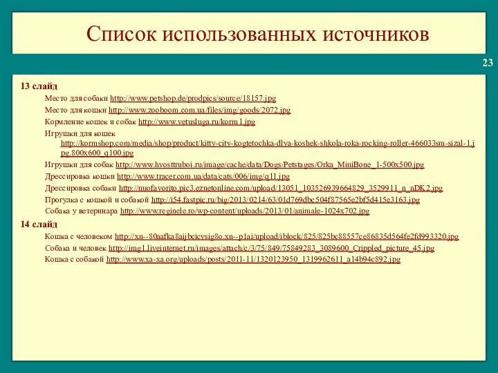 Список использованных источников13 слайдМесто для собаки http://www.petshop.de/prodpics/source/18157.jpg Место для кошки http://www.zooboom.com.ua/files/img/goods/2072.jpg Кормление