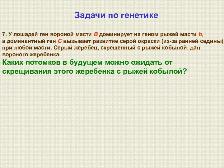 7. У лошадей ген вороной масти В доминирует на геном рыжей масти