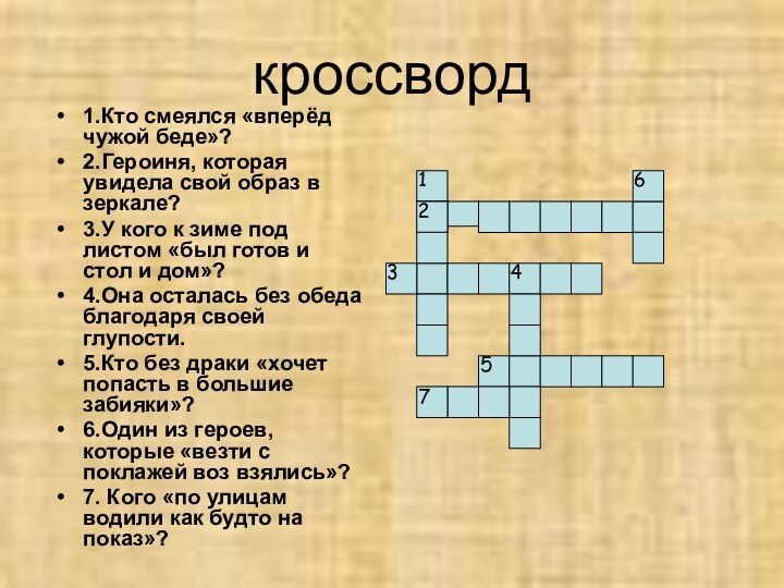 кроссворд1.Кто смеялся «вперёд чужой беде»?2.Героиня, которая увидела свой образ в зеркале?3.У кого