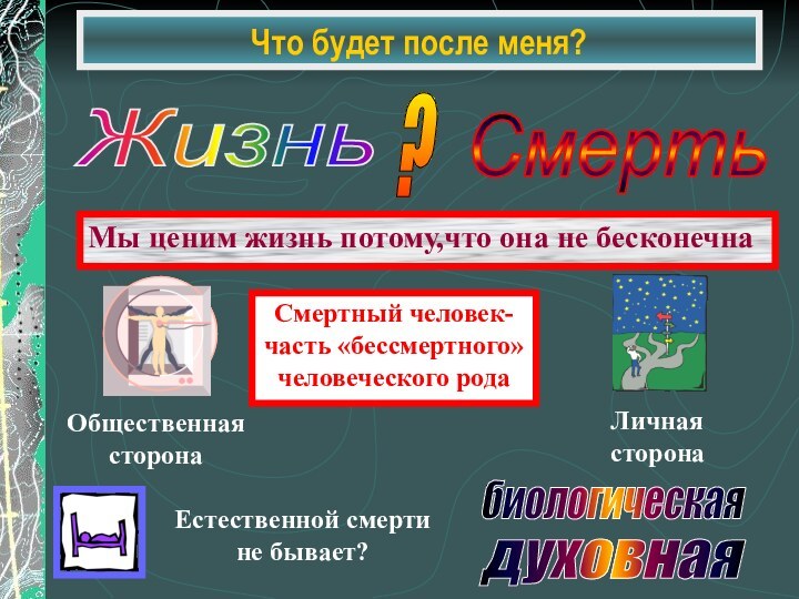 Что будет после меня?Мы ценим жизнь потому,что она не бесконечнабиологическая духовная