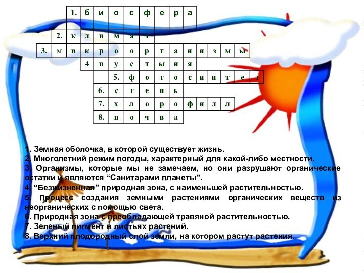  1. Земная оболочка, в которой существует жизнь.2. Многолетний режим погоды, характерный для