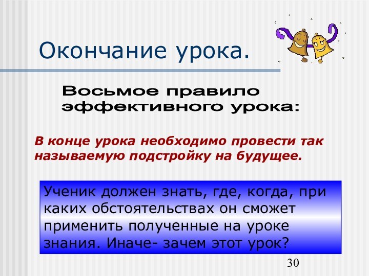 Окончание урока.Восьмое правило  эффективного урока:В конце урока необходимо провести так называемую