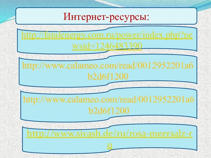 Интернет-ресурсы:http://www.calameo.com/read/0012952201a6b2d6f1200http://www.calameo.com/read/0012952201a6b2d6f1200http://www.sivash.de/ru/rosa-meersalz-ruhttp://fatalenergy.com.ru/power/index.php?newsid=1246483390