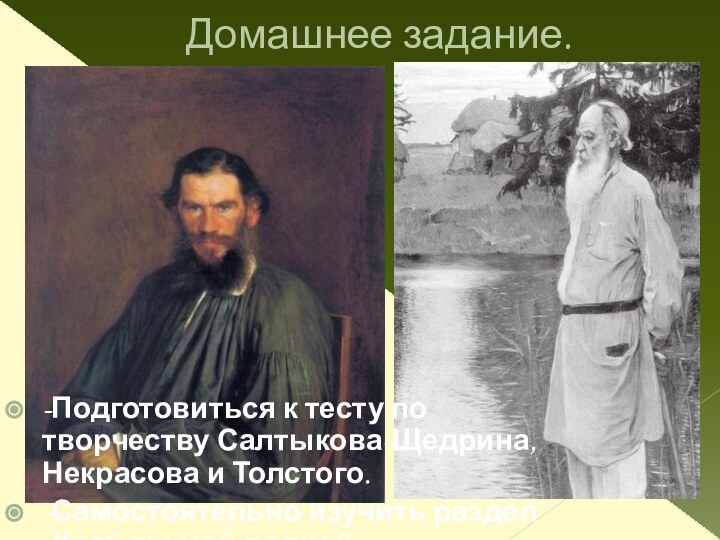 Домашнее задание.-Подготовиться к тесту по творчеству Салтыкова-Щедрина, Некрасова и Толстого.-Самостоятельно изучить раздел «Край ты мой родной».