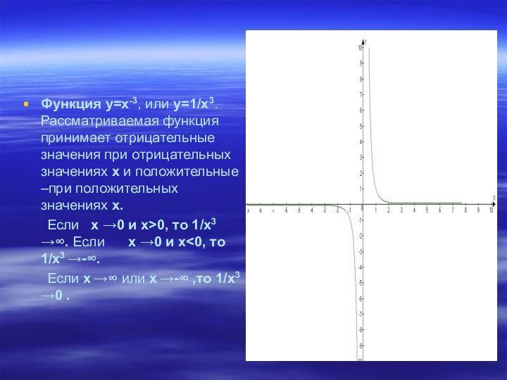 Функция у=х-3, или у=1/х3. Рассматриваемая функция принимает отрицательные значения при отрицательных значениях