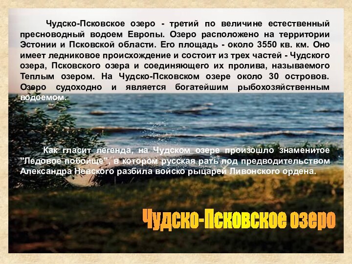 Чудско-Псковское озеро   Чудско-Псковское озеро - третий по величине естественный пресноводный