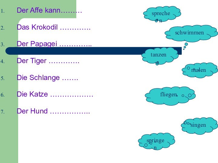 Der Affe kann………Das Krokodil ………….Der Papagei …………..Der Tiger ………….Die Schlange …….Die Katze ………………Der Hund ……………..singenschwimmenmalensprechenfliegentanzenspringen