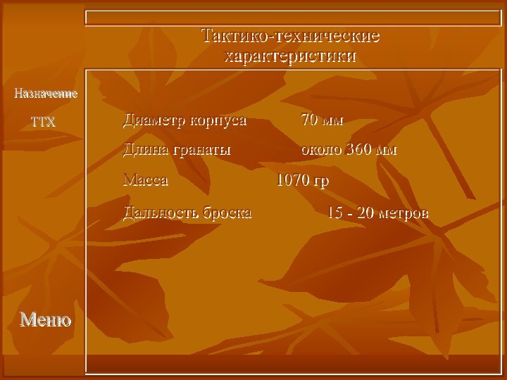 МенюДиаметр корпуса			70 ммДлина гранаты			около 360 ммМасса					1070 грДальность броска			15 - 20 метровТактико-техническиехарактеристикиНазначениеТТХ