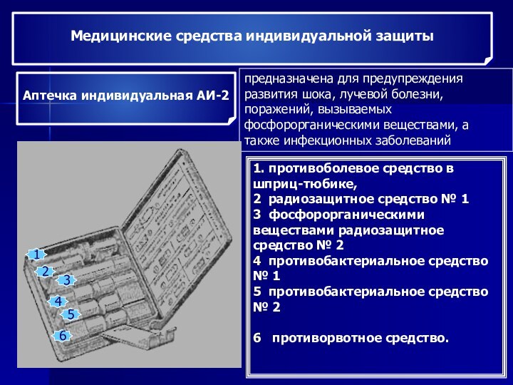 Медицинские средства индивидуальной защитыАптечка индивидуальная АИ-2 предназначена для предупреждения развития шока, лучевой