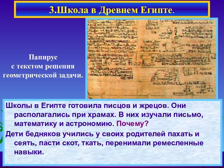 Школы в Египте готовила писцов и жрецов. Они располагались при храмах. В