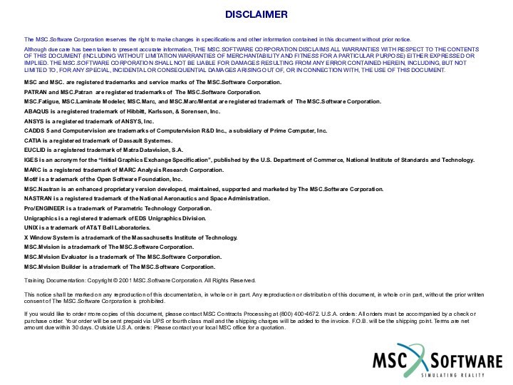 DISCLAIMERThe MSC.Software Corporation reserves the right to make changes in specifications and