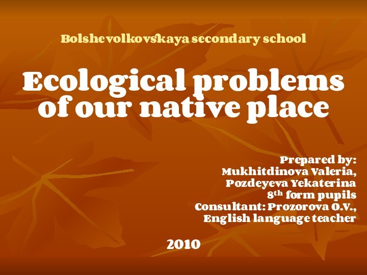 Bolshevolkovskaya secondary schoolEcological problems of our native placePrepared by: Mukhitdinova Valeria, Pozdeyeva