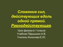 Сложение сил, действующих вдоль одной прямой. Равнодействующая.