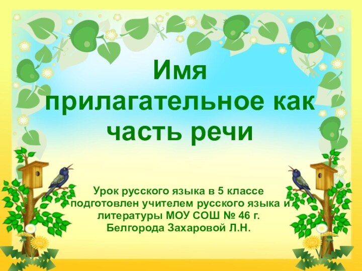 Имя прилагательное как часть речиУрок русского языка в 5 классе подготовлен учителем