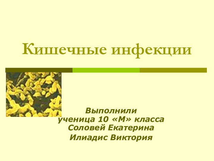 Кишечные инфекцииВыполнили  ученица 10 «М» класса Соловей ЕкатеринаИлиадис Виктория