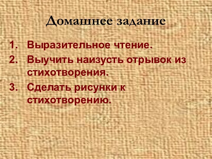 Домашнее заданиеВыразительное чтение.Выучить наизусть отрывок из стихотворения.Сделать рисунки к стихотворению.