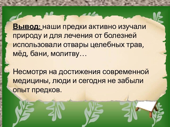 Вывод: наши предки активно изучали природу и для лечения от болезней использовали