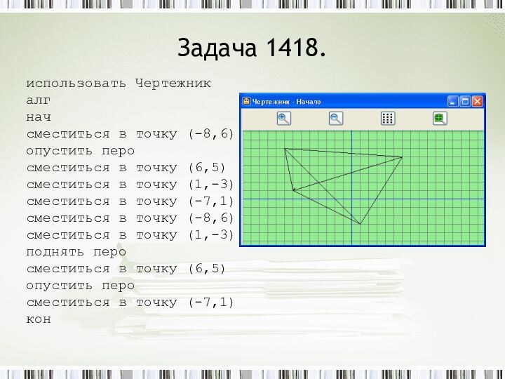 Задача 1418.использовать Чертежникалг начсместиться в точку (-8,6)опустить перосместиться в точку (6,5)сместиться в