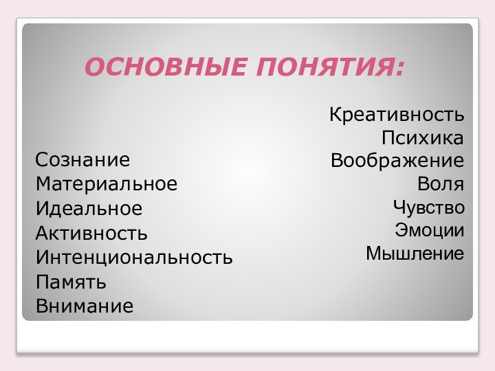 ОСНОВНЫЕ ПОНЯТИЯ:СознаниеМатериальноеИдеальноеАктивностьИнтенциональностьПамятьВниманиеКреативностьПсихикаВоображениеВоляЧувствоЭмоцииМышление