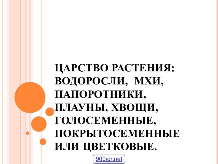 ЦАРСТВО РАСТЕНИЯ: ВОДОРОСЛИ, МХИ, ПАПОРОТНИКИ, ПЛАУНЫ, ХВОЩИ, ГОЛОСЕМЕННЫЕ, ПОКРЫТОСЕМЕННЫЕ ИЛИ ЦВЕТКОВЫЕ.