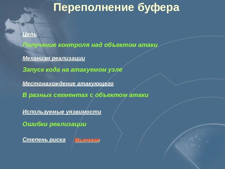 Получение контроля над объектом атакиМестонахождение атакующегоВ разных сегментах с объектом атакиИспользуемые уязвимостиЦельОшибки