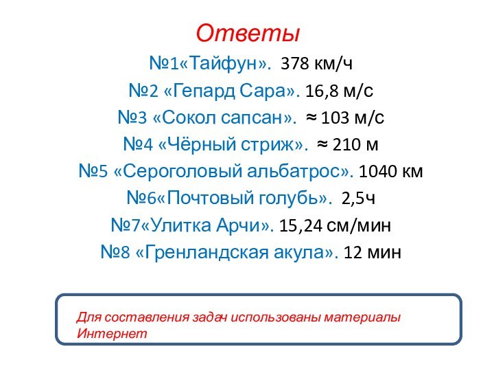 Ответы№1«Тайфун». 378 км/ч№2 «Гепард Сара». 16,8 м/с№3 «Сокол сапсан». ≈ 103 м/с№4